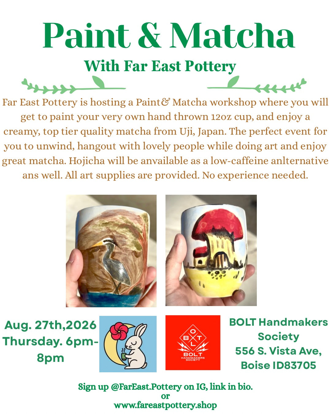 Thursay, August 27th, 2026 Paint& Matcha at Bolt Handmakers Society