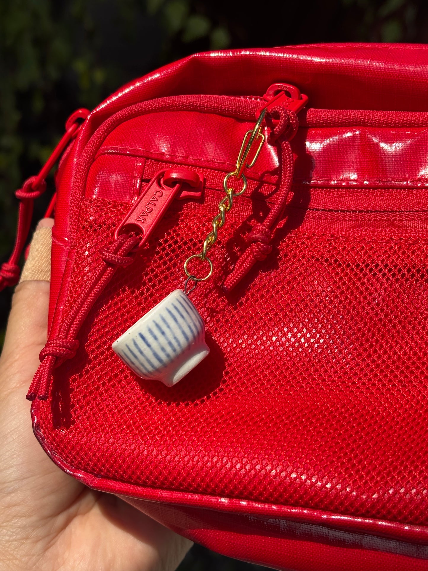 Tea Bowl Charm with subtle double blue stripes