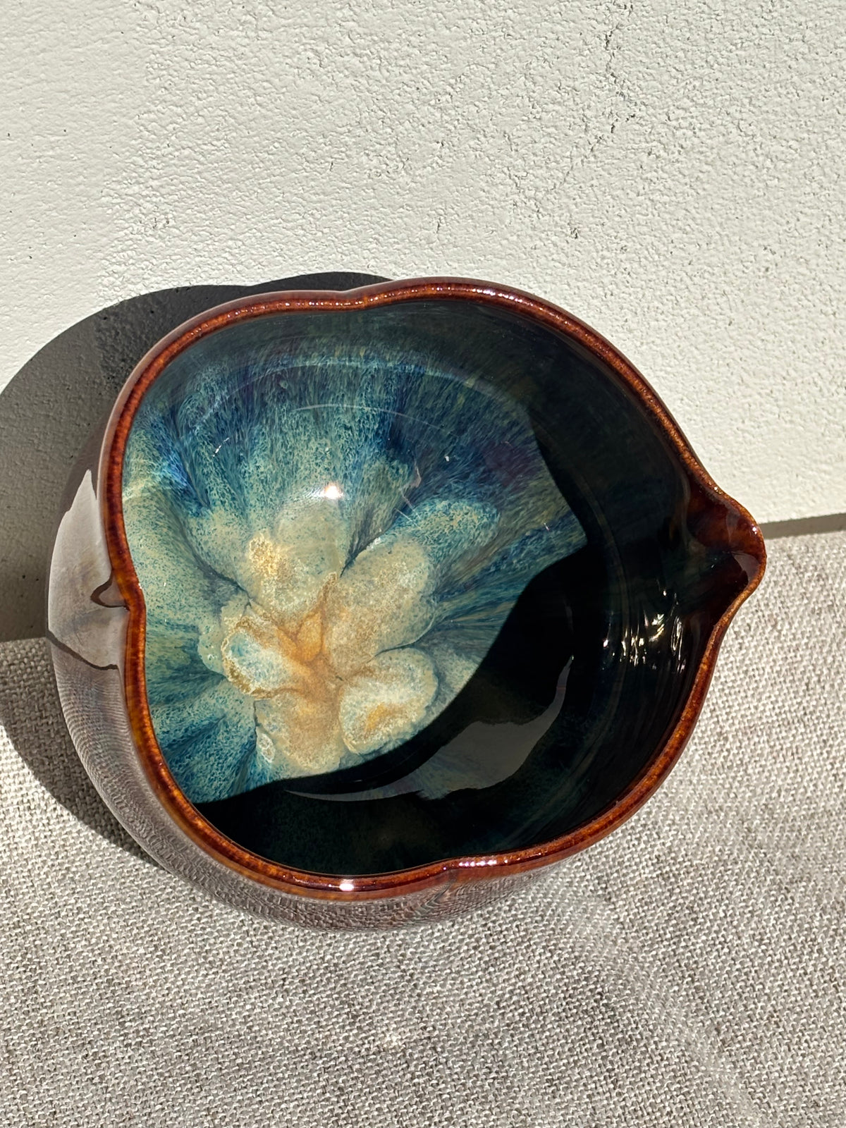 Flower shaped matcha bowl and cup in Midnight Tide