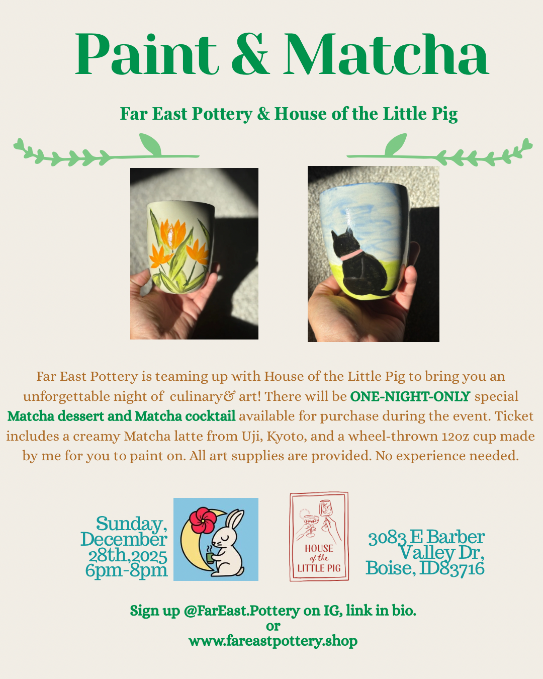 December 28th, 2025 Paint & Matcha Workshop at House of the Little Pig