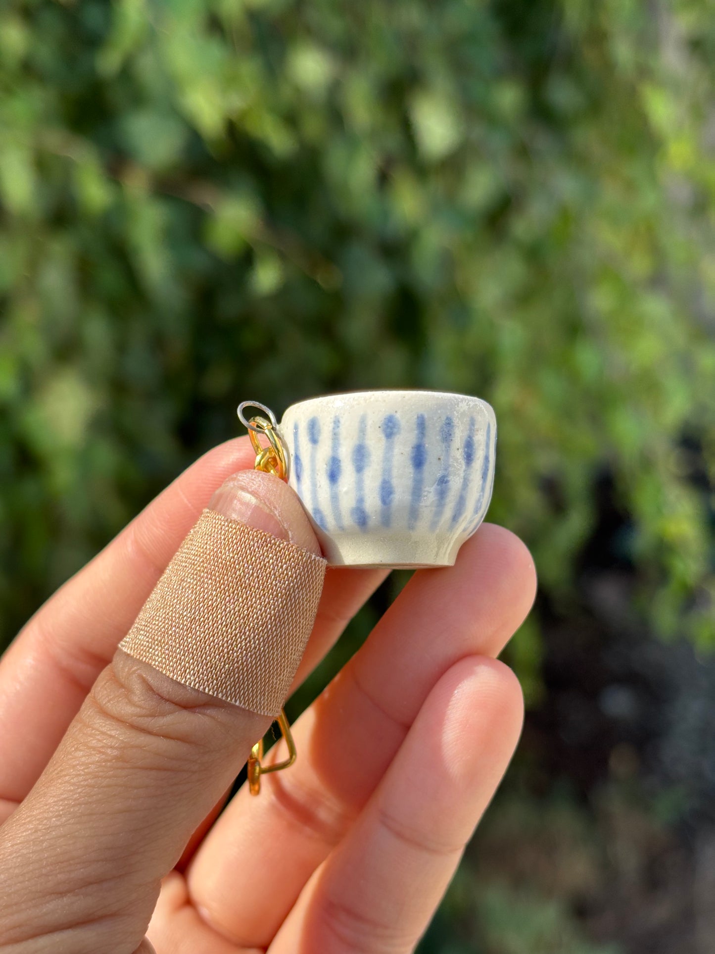 Tea Bowl Charm with Blue Stripes and Dots